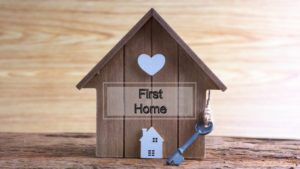 Image of small wooden home with sign saying "First Home"